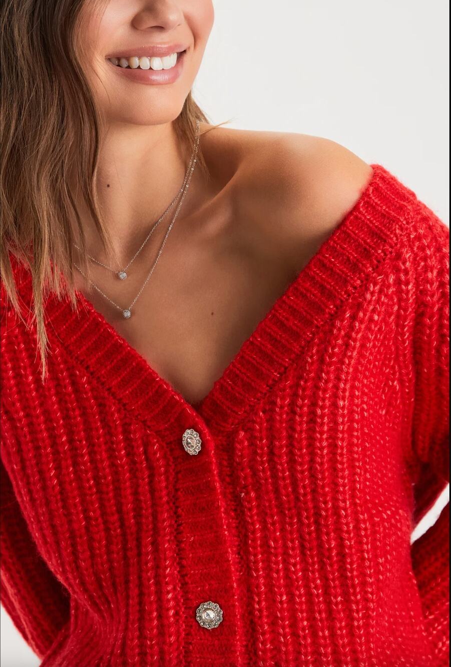 Lulus Red V Neck Rhinestone Cardigan Sweater XS